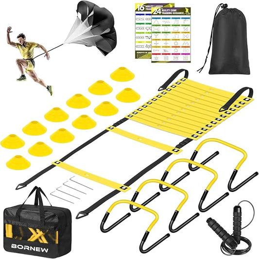 Soccer Agility Speed Training Equipment, Football Practise Set with 20 ft Agility Ladder, 12 Cones, 4 Adjustable Hurdles, Jump Rope, Parachute, for Basketball, Football, Kids, Youth, Adults