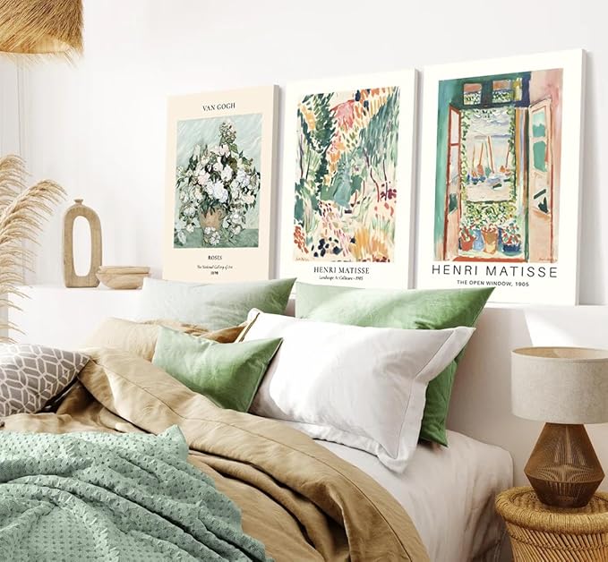 Sage Green Matisse Canvas Wall Art Set of 3 - Van Gogh Floral Pictures Wall Decor, Vintage Artwork Aesthetic Paintings Prints for Living Room Bedroom Bathroom 16x24 inch Framed