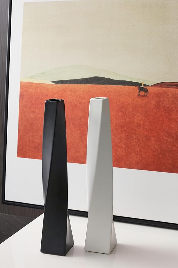 White Ceramic Vase 13.5" Modern Minimalist with Rotating Geometric Design, Slim Dried Flower Centerpiece for Home Office, Living Room, Dining Room, Entryway Decoration