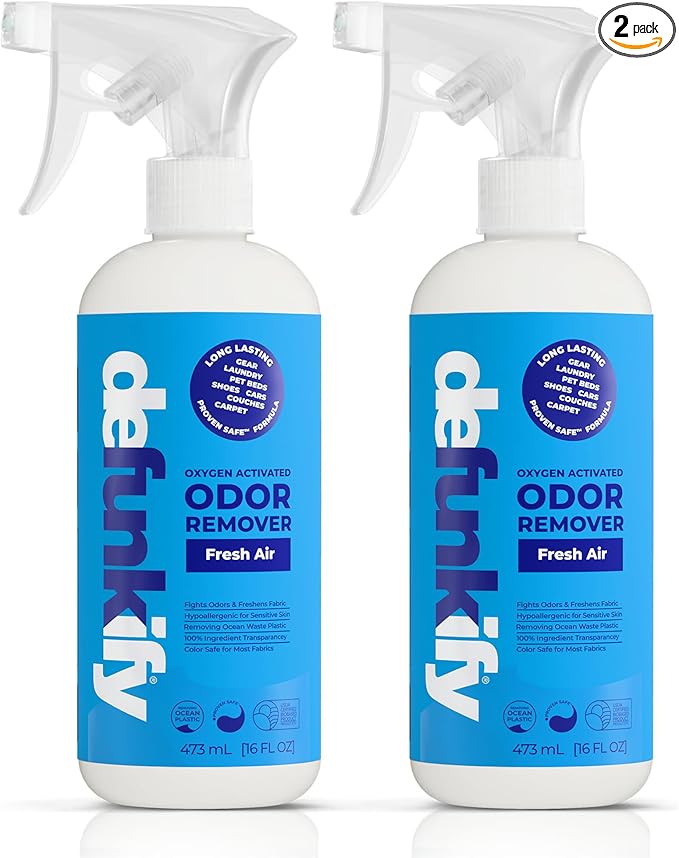 Odor Remover Spray, 16oz (2-Pack). 'Fresh Air' Essential Oil Odor Eliminator for Strong Odors on Fabric, Shoes, Activewear. 'ProvenSafe' Deodorizer for Pets, Kids & Sensitive Gear w/Ionic Silver