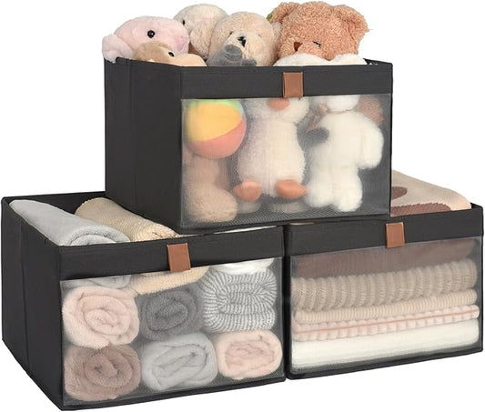 StorageWorks Closet Storage Bins, Extra Large Storage Baskets with Clear Window and Handles, Foldable Fabric Organizer for Clothes, Shelves, Black, 3 Pack