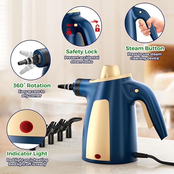 Steam Cleaner, Pressurized Handheld Multi-Surface Natural Steam Cleaner with 12 PCS Accessories & Safety Lock, 350ML Large Capacity, Steamer for Car, Home, Upholstery, Kitchen, Window, Grime and More