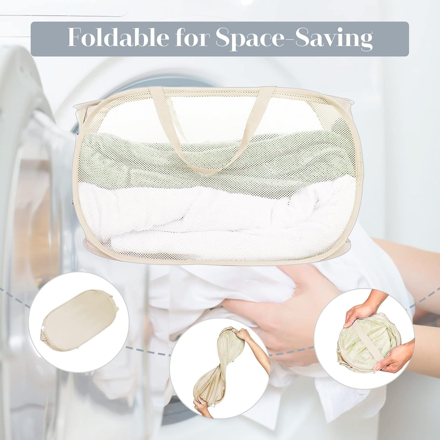 2 Pcs Durable Collapsible Laundry Baskets - Reinforced Mesh Pop Up Laundry Hamper with Pocket, Foldable Dirty Clothes Hamper with Carry Handles for Laundry, Bathroom, Kids Room, Dorm or Travel Beige