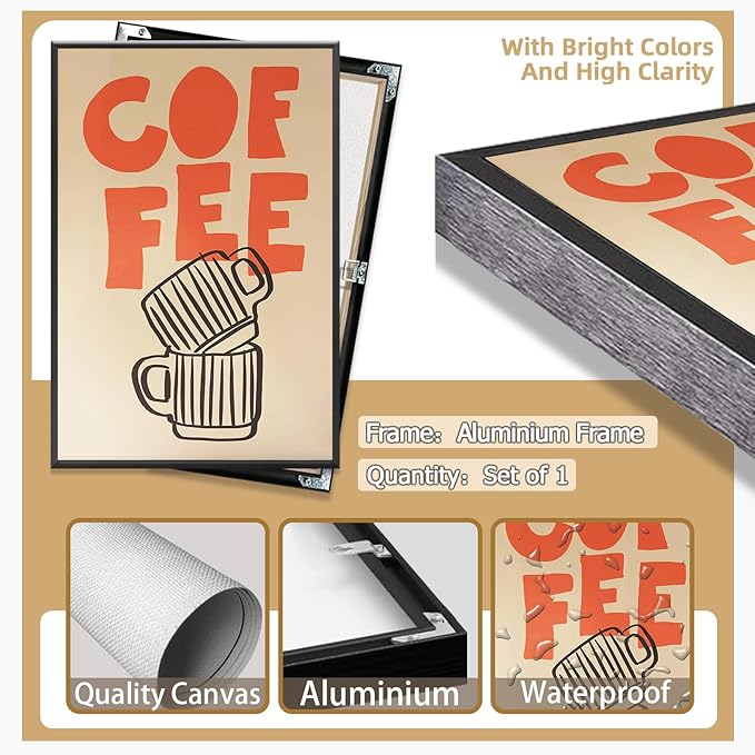 Retro Italian Espresso Coffee Bold Orange Sign Wall Art Stacked Black Stripe Coffee Cups Canvas Print Poster Modern Kitchen Minimalist Line Boho Decor Pictures for Bar Cafe 20x30inch Metal Black Frame