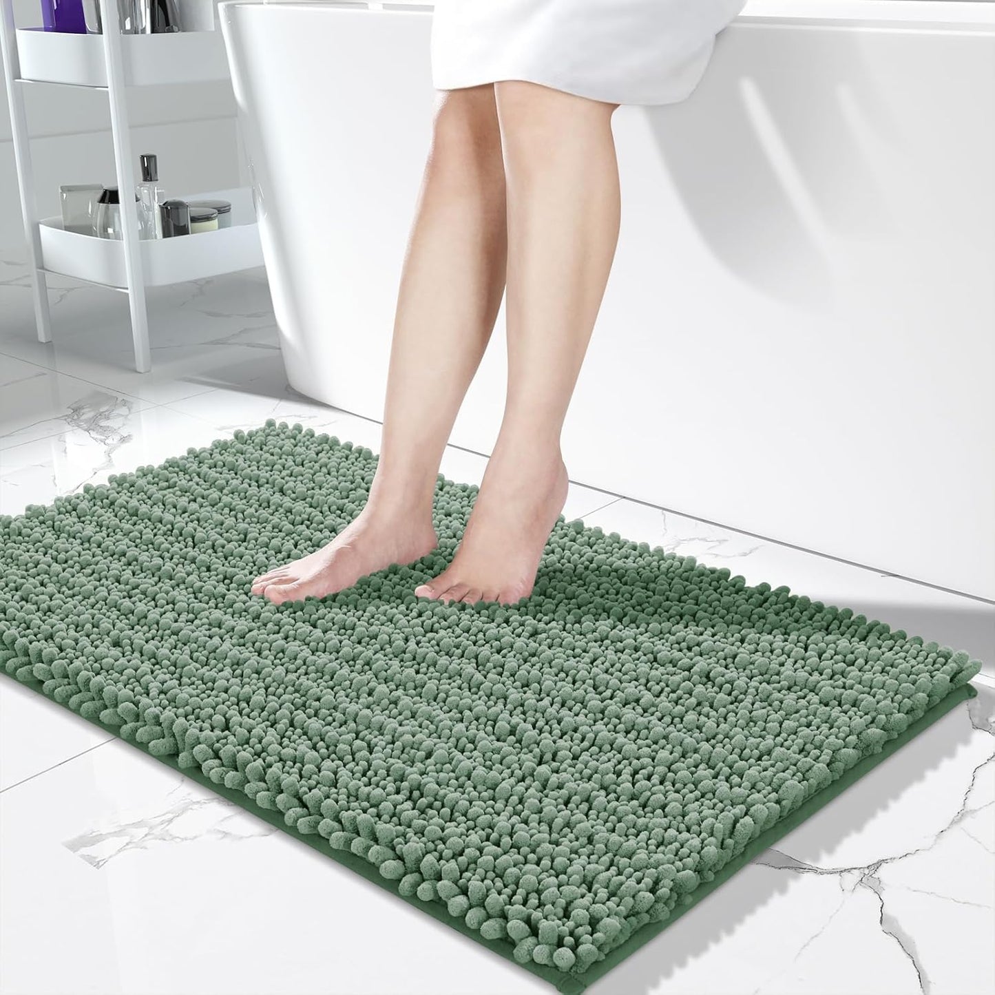 Yimobra Long Bathroom Rugs Non Slip Washable 44x24 Inch - Ultra Soft Absorbent Chenille Bath Mat, Quick Dry Shaggy Floor Carpet for Tub Shower, Green Home Decor Accessories