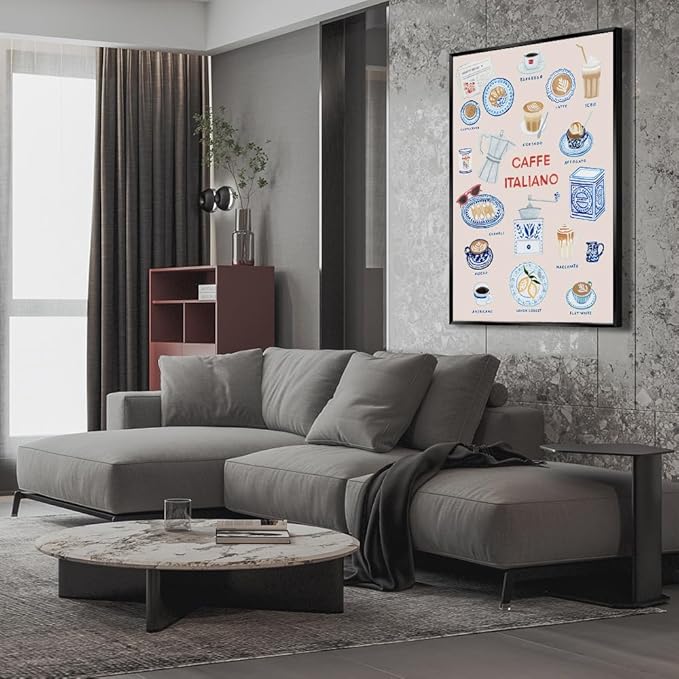 Trendy Espresso Coffee Italiano Wall Art Quirky Food Posters Italian Coffee Chart Canvas Print Painting Minimalism Home Decor Pictures for Kitchen Cafe Station Bar Club 12x16inch Metal Black Frame