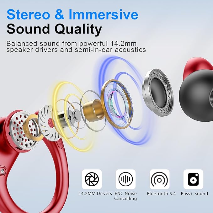 Wireless Earbuds Sport Bluetooth Headphones 5.4, 2025 Bluetooth Earbuds 75Hrs Stereo, 4 HD Mic, Over-Ear Buds with Earhooks ENC Noise Canceling Earphones, IP7 Waterproof Headset for Workout/Running
