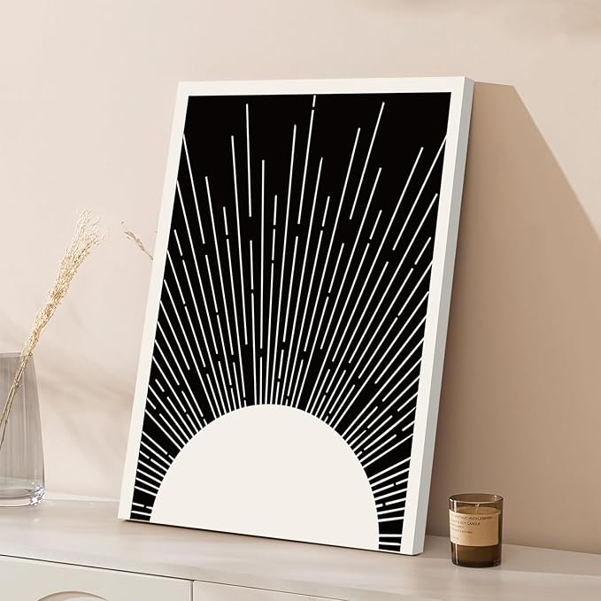 Hwetui Framed Boho Sun Wall Art Set of 2 Black and White Minimalist Sunrise Canvas Prints Abstract Sunshine Painting Geometric Line Pictures Home Decor for Living Room Bedroom Bathroom 12x16in