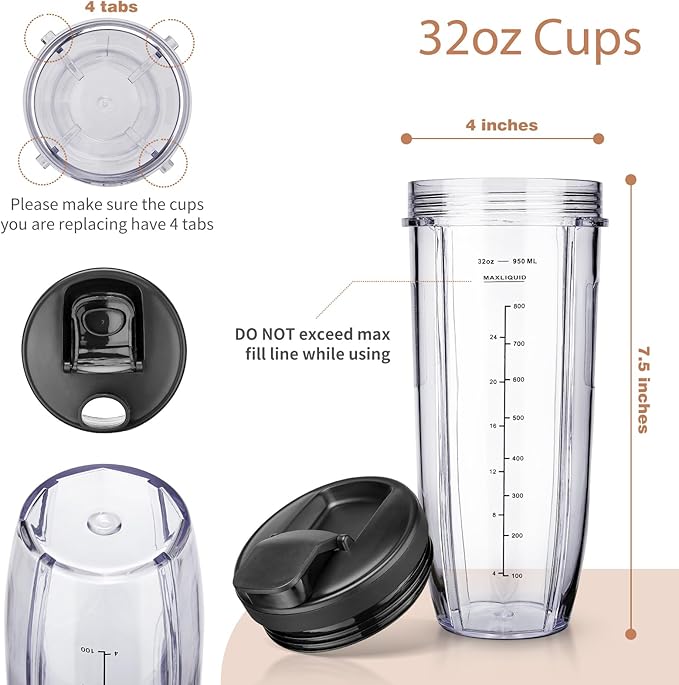 Ninja Blender Cups Replacement Parts 18 24 32 oz Cups for Blender with Sip & Seal Lids Nutri Auto IQ Accessories BL450 BL456 BL480 BL482 BL642 BL682 SS101 SS151 SS351