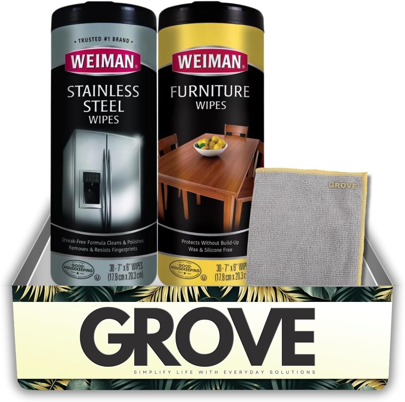 Weiman Wood Cleaner and Polish Lemon Scent Wipes & Stainless Steel Cleaner Fresh Scent Wipes Bundle with Microfiber Cloth – Furniture and Surface Care Gift Set (3 Items)