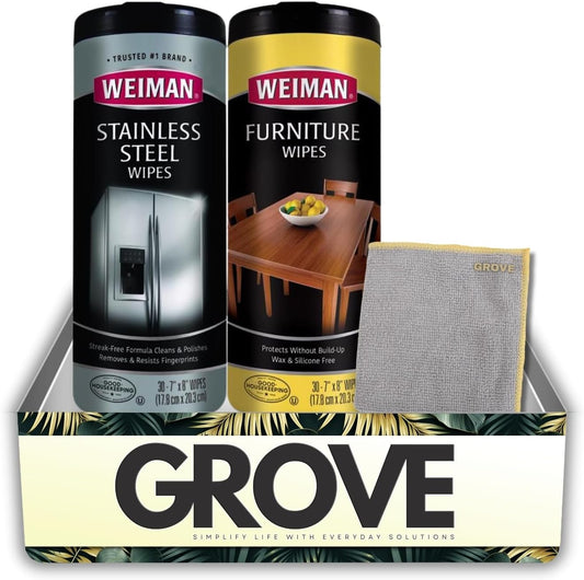 Weiman Wood Cleaner and Polish Lemon Scent Wipes & Stainless Steel Cleaner Fresh Scent Wipes Bundle with Microfiber Cloth – Furniture and Surface Care Gift Set (3 Items)