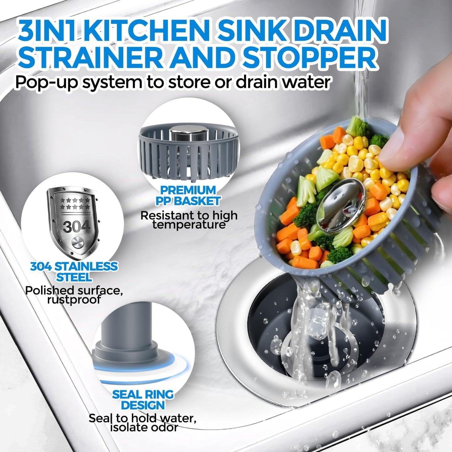zaa 2 Pack Sink Drain Strainer, Sink Stopper, 3 in 1 Stainless Steel Kitchen Sink Drain Strainer with Anti-Clogging Basket, Fit US Standard 3-1/2 Inch Drain Hole