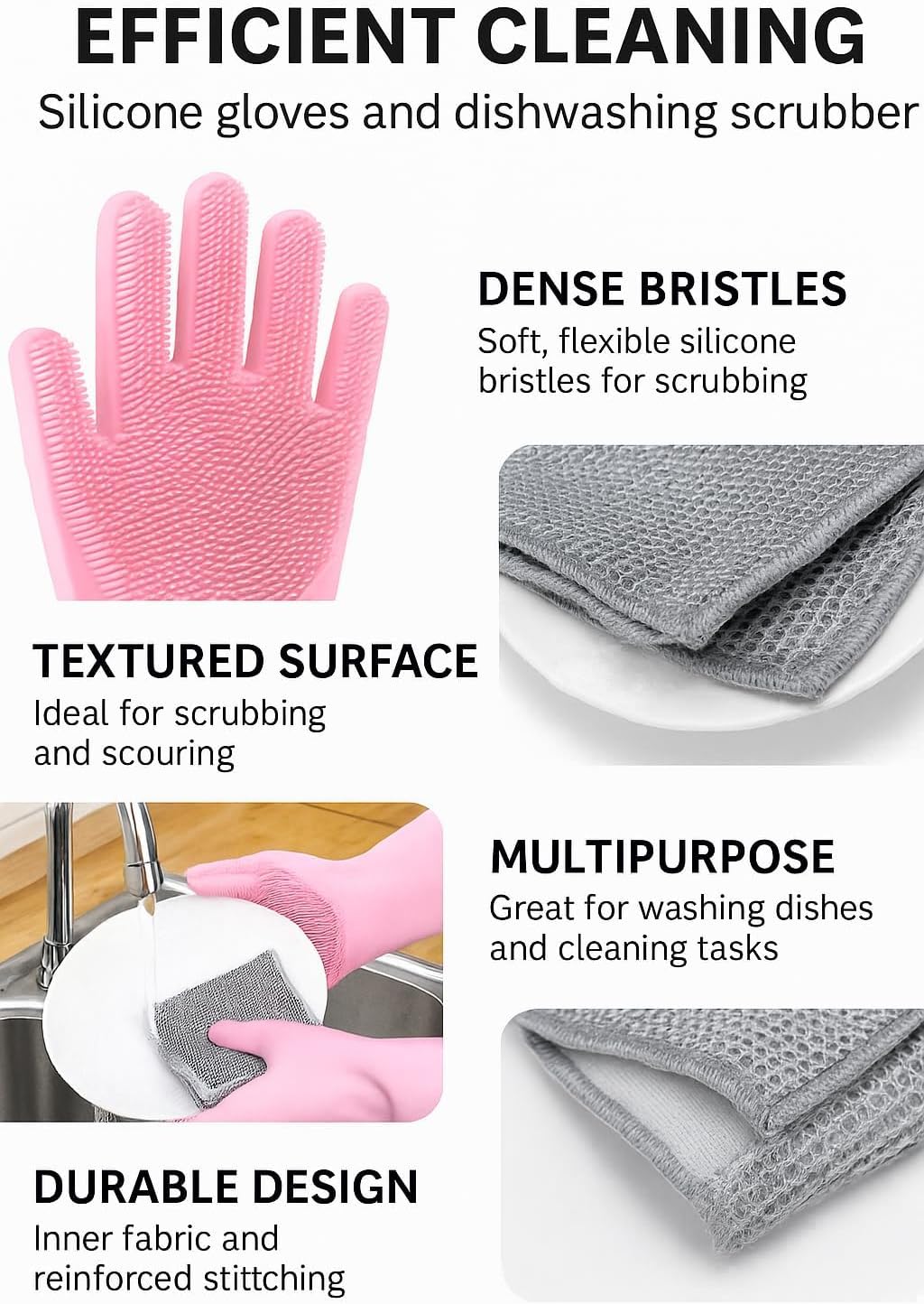 Silicone Gloves with Built-in Scrubbing Bristles +2 Wire Mesh Dishwashing Scrubber Cloths Reusable Cleaning Gloves & Kitchen (Blue)