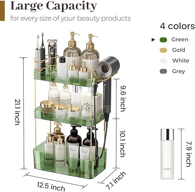 Aveniee Bathroom Counter Organizer,3 Tier Skincare Perfume Countertop Storage with Hair Dryer Rack and Toothbrush Holder, Cosmetic Makeup Tray for Vanity - Green