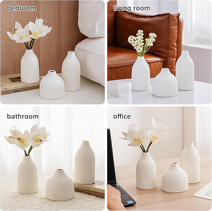 3 Piece Vase Set -White Ceramic Vase for Flowers for Office, Kitchen, Bedroom, Living Room, Bathroom & Shelf Centerpiece Table, Bookshelf - Home Decorative Vase Ideal Gift