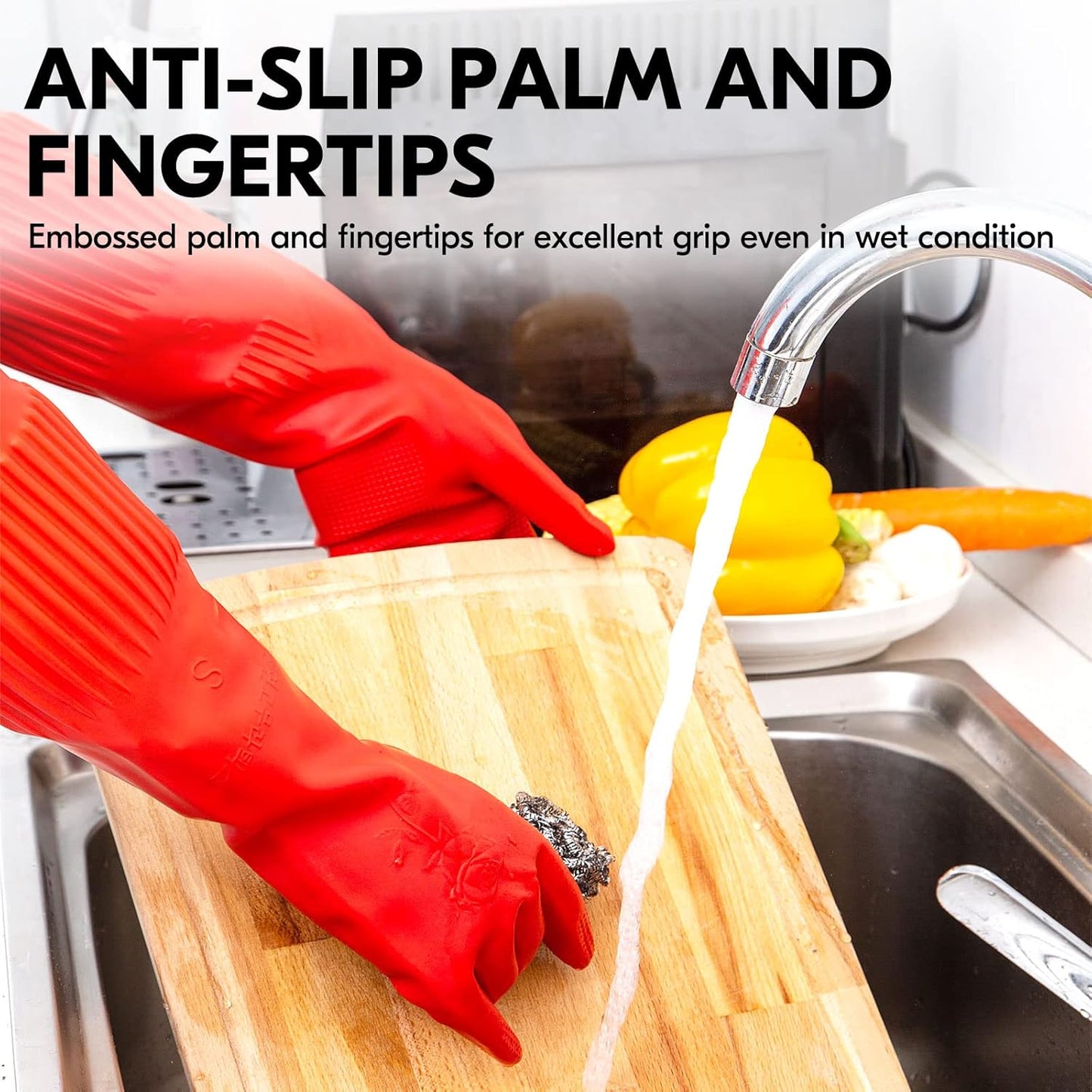 Vgo... 1-Pair Dishwashing Gloves, Reusable Household Gloves, Kitchen Gloves, Long Sleeve, Thick Latex, Cleaning, Washing, Working, Painting, Gardening, Pet Care (Size S,Red, RB2143)