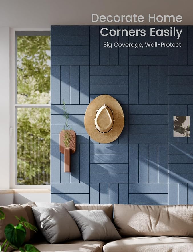 Felt Bulletin Board Tiles Large 48" x 36" Cork Board Alternative-12 Pack with 70 Adhesive Tabs, Thick Slat Wall Panels for Office Decor, Push Pin Board Wall Organizer Alternative -Denim Blue