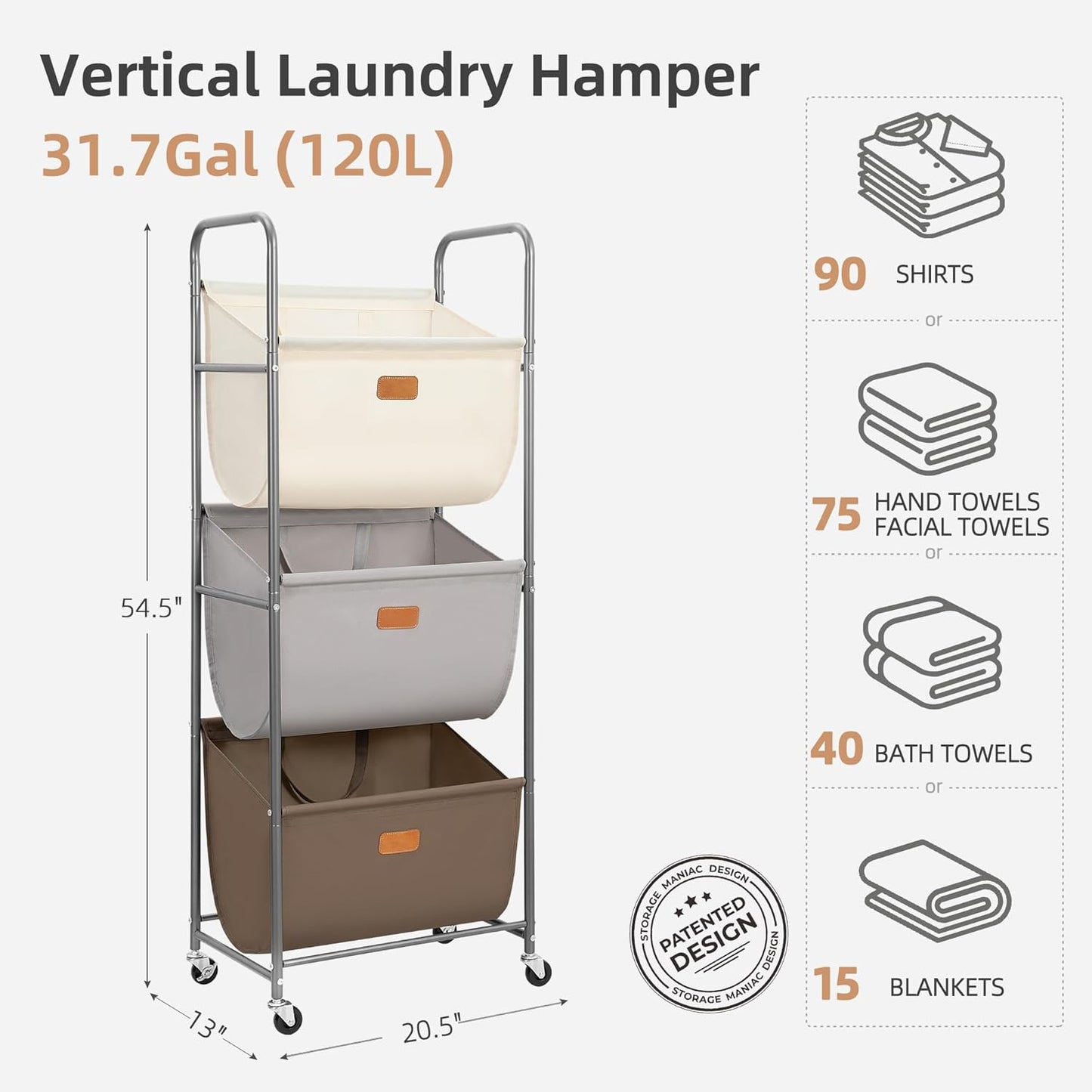 STORAGE MANIAC 120 Liters Vertical Rolling Laundry Hamper, 3 Section Laundry Sorter with Wheels and 2 Breaks, 3-tier Laundry Baskets for Small Space, Dorm, Laundry Room, Closet, Multicolored 3-tier