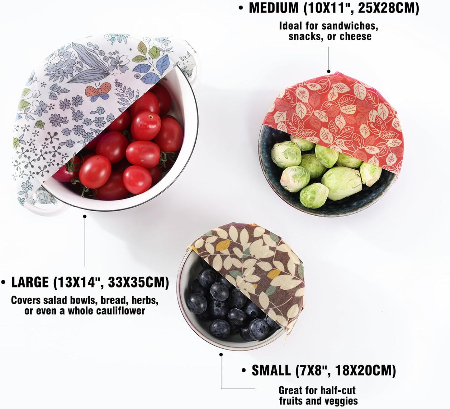 Reusable Beeswax Food Wraps - 3 Pack (S,M,L) Eco-Friendly Storage for Bread, Leftovers, Mason Jars, Cheese & Bowl Covers,Sandwich Wrapper | Organic, Zero Waste, Plastic and Silicone Free