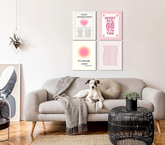 Hwetui Framed Preppy Pink Aura Wall Art Daily Affirmations posters Trendy Y2K Canvas Prints Cute Lucky You Painting Retro Aesthetic Room Decor Picture for College Dorm Bedroom 12x16Inch Set of 4