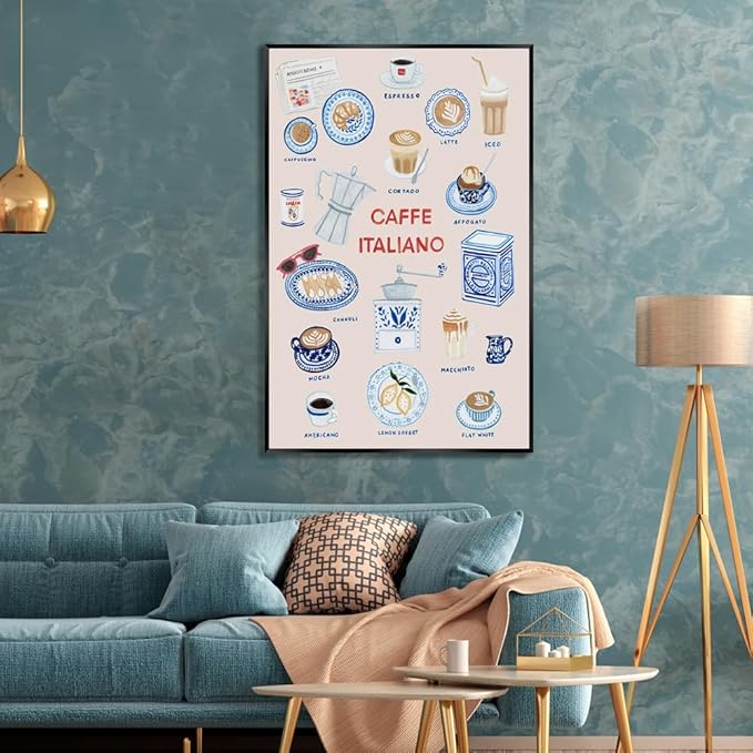 Trendy Espresso Coffee Italiano Wall Art Quirky Food Posters Italian Coffee Chart Canvas Print Painting Minimalism Home Decor Pictures for Kitchen Cafe Station Bar Club 20x30inch Metal Black Frame