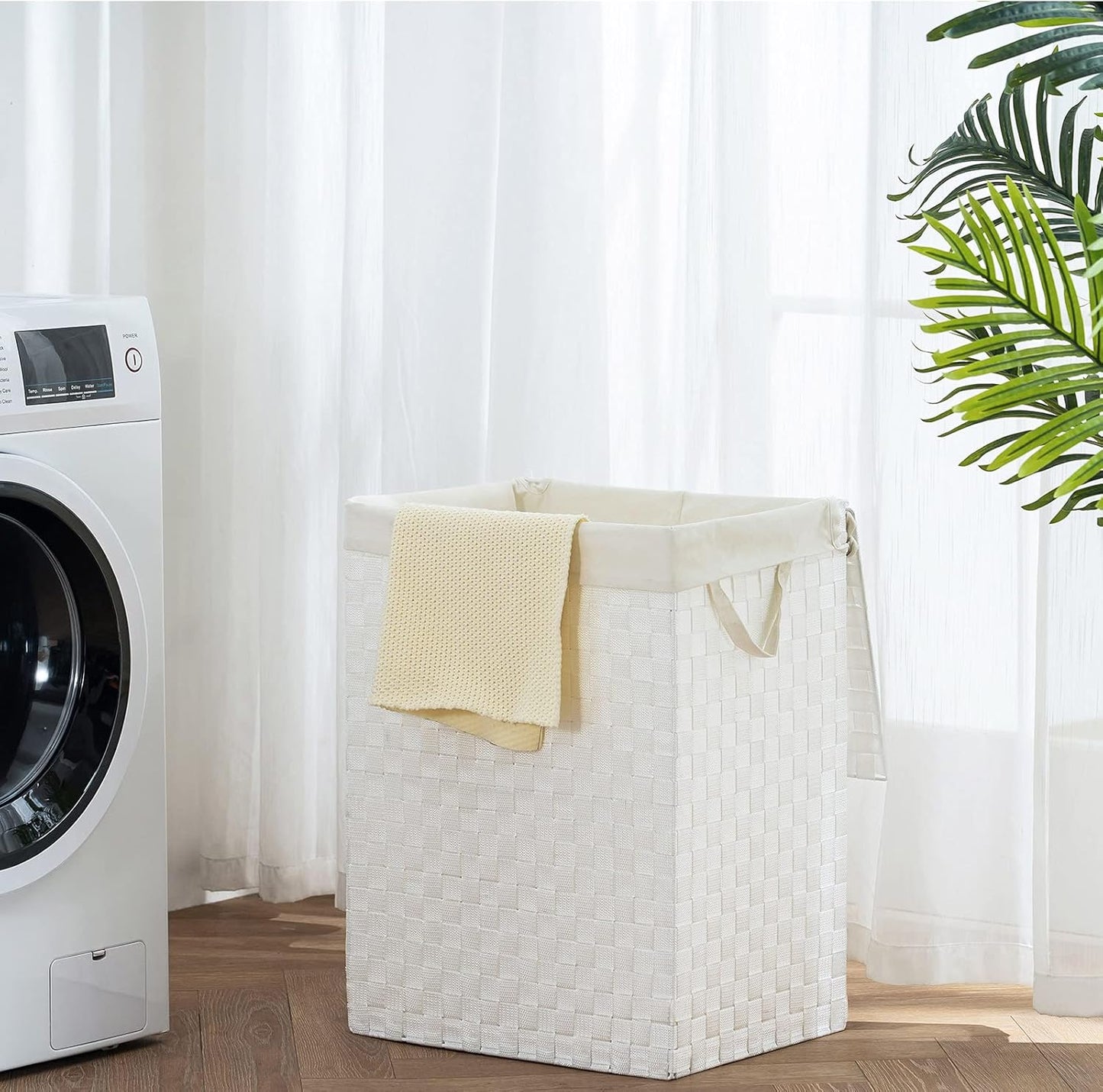 YOUDENOVA Handwoven Laundry Basket Hamper with Removable Bag and Lid, Collapsible Clothes Hamper with Handle, White