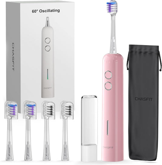 Electric Toothbrush Wave Oscillation & Vibration Sonic Tooth Brush for Adults BASS-Brushing Technique Travel Rechargeable Toothbrushes 4 Soft Bristle Replace Heads IPX7 Gifts for Men Women Pink