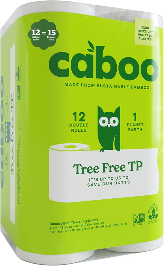 Caboo Tree Free Toilet Paper, Tree Free, Septic, Chemical Free Bath Tissue - 2 Ply Sheets, 300 Sheets Per Roll, 12 Double Rolls