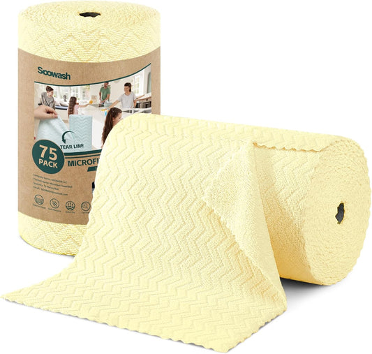 Microfiber Cleaning Cloths Roll, 75 Pack Tear Away Microfiber Towels Roll, 12" x 12" Lint Free Rags, Reusable Cleaning Cloths, Washable, Scratch Free,Ultra Absorbent Dish Rags(Yellow Ripple)