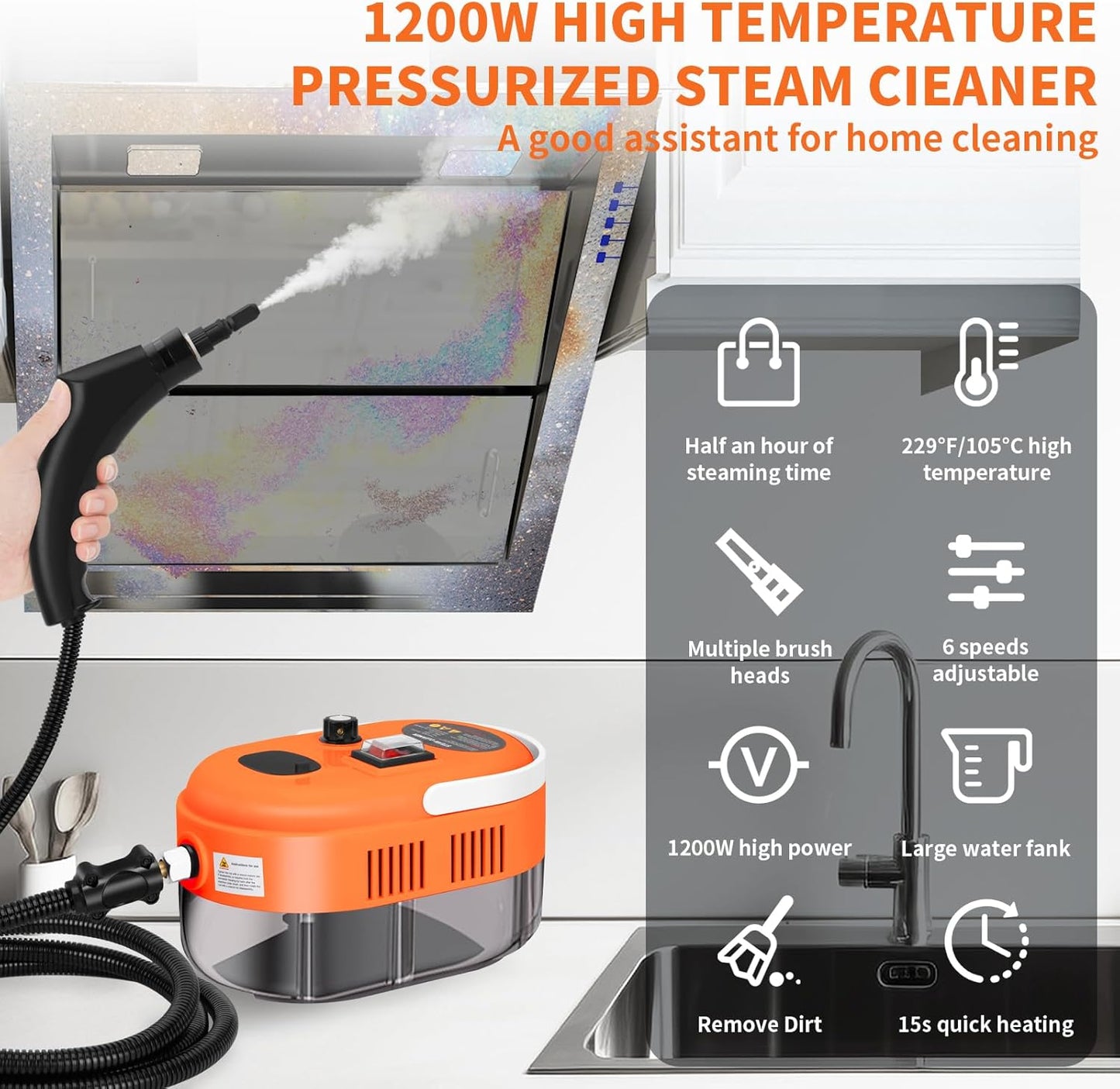 High Handheld Steam Cleaner, 1L Portable Car Steam Cleaner, 6 High Speeds Pressure Temperature Steam Cleaning Machine with 3 Brush Heads for Kitchen Furniture Home Car Cleaning (orange)