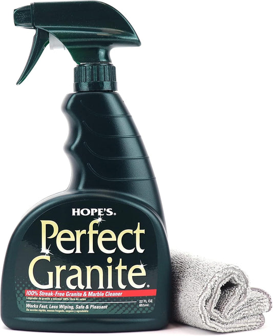 HOPE'S Perfect Granite & Marble Countertop Cleaner with Microfiber Cloth, Stain Remover and Polish, Streak-Free, Ammonia-Free, 22 Ounce, Pack of 1 with Microfiber Cloth