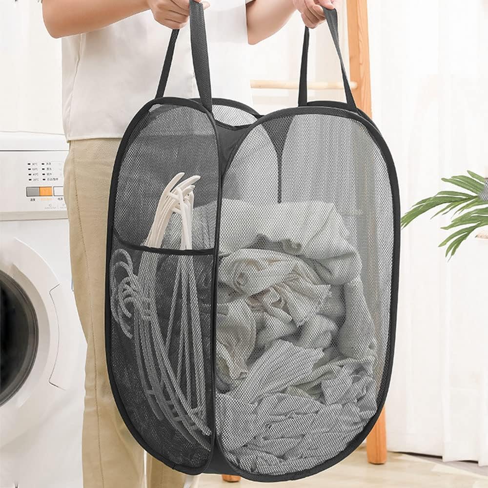 2 Pack Foldable Mesh Popup Laundry Hamper,Laundry Basket Easy to Open and Fold for Dorm,Travel, College Dorms, and More (Black and blue)…