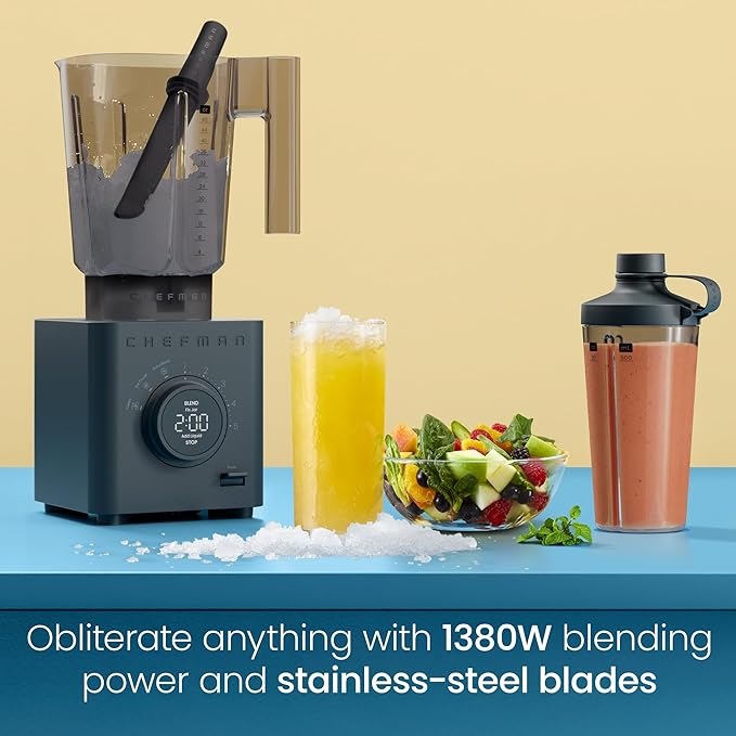 Chefman Obliterator 48 oz Countertop Blender for Smoothies, 1380W Motor to Crush Ice, Nuts, and Frozen Fruit with Stainless Steel Blade, Auto Blend Function, Includes 20 oz Travel Jar
