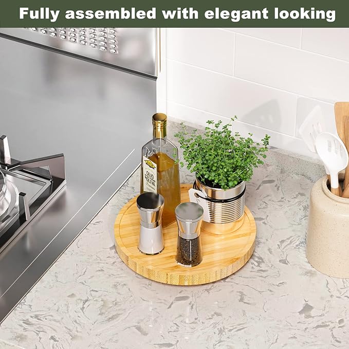 Lazy Susan Organizer, 9 Inch Non-Skid Bamboo Lazy Susan for Table Storage Napkin Holder Vase, Wood Turntable for Kitchen Countertop Organizer