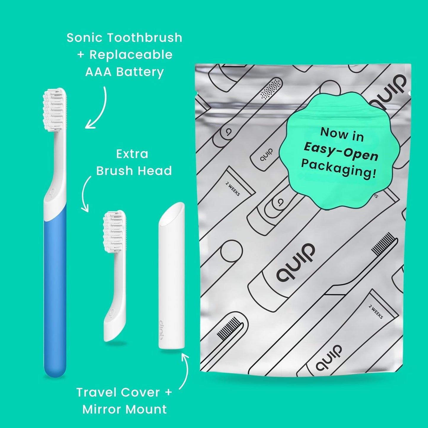 Quip Sonic Toothbrush for Adults with Timer - Includes Extra Brush Head and Travel Cover Mount - Electric, Soft Bristle Refill Head, Plastic Handle, 3 Month Battery Life - Travel Toothbrush - Blue