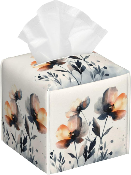 Watercolor Spring Brown Poppy Floral Tissue Box Cover Square,Abstract Flowers Leather Tissue Box Holder Decorative Facial Cube Paper Cover Case Organizer for Bathroom Night Stands Desk Home