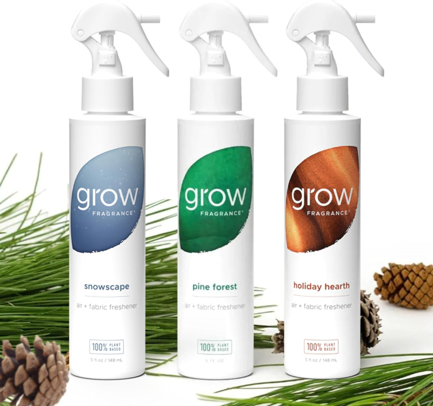 Grow Fragrance Certified Non Toxic, 100% Plant Based Fabric and Room Air Freshener Spray. Made with All Natural Essential Oils (Holiday 3 Pack - Pine Forest, Holiday Hearth, Snowscape) 3 x 5oz