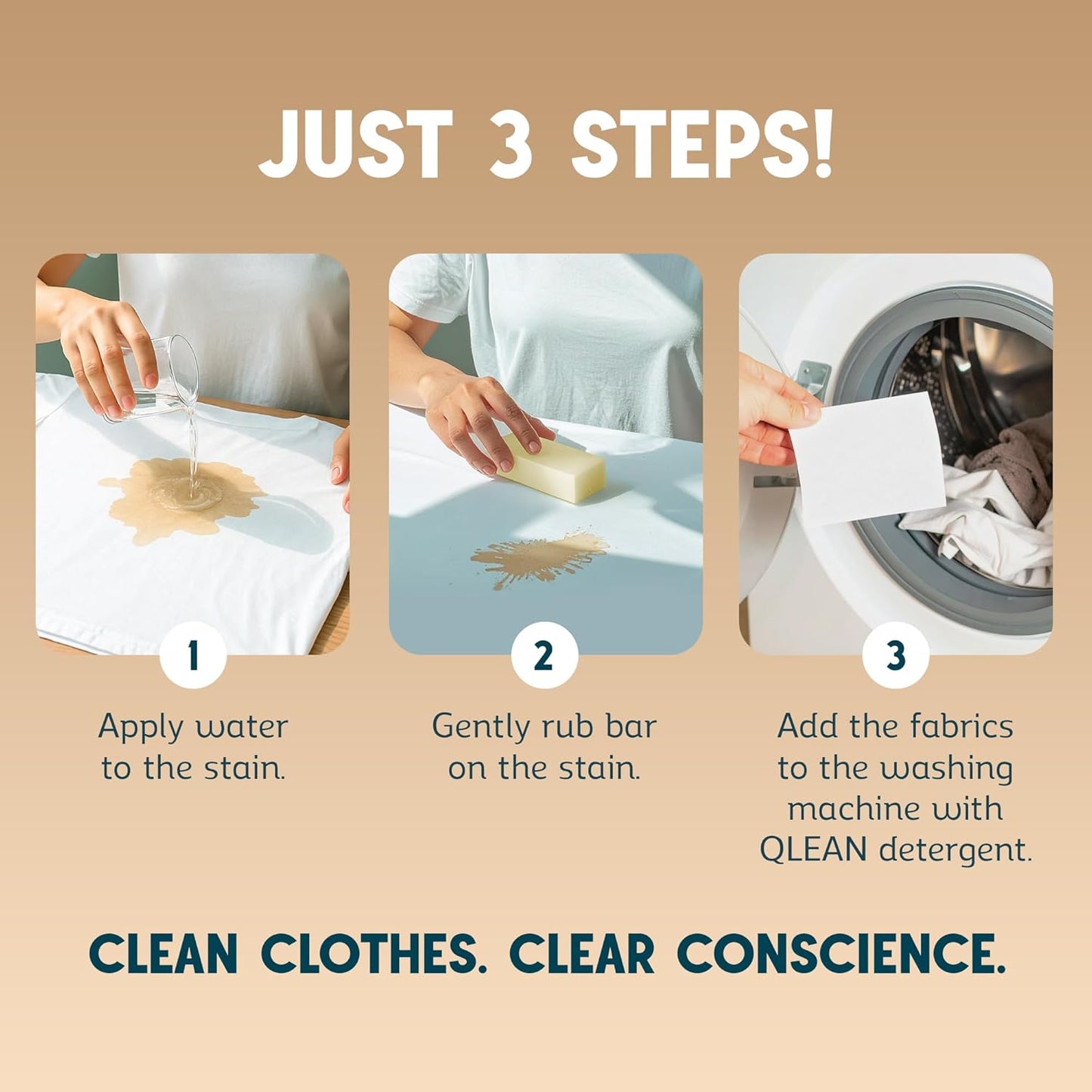 QLEAN Vegan Stain Remover Bar for Fabrics, Laundry Bar Soap for Clothes – Plant-Based, Travel-Friendly Stain Remover for Grease, Wine, Coffee, Grass & More – Non-Toxic & Safe for Delicates (3)