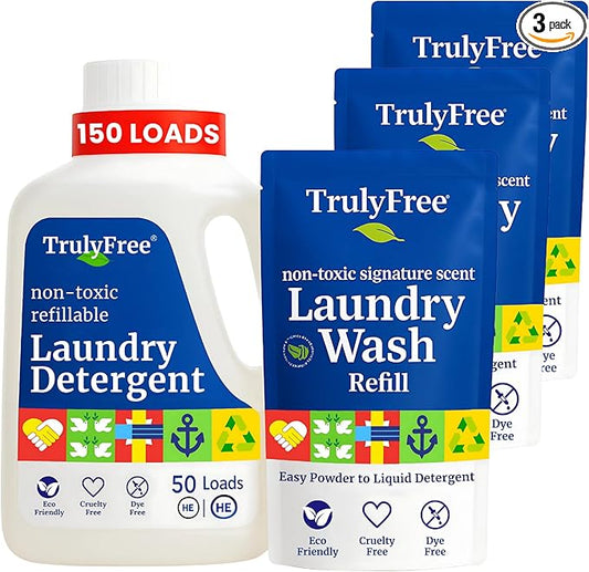 Truly Free Natural Laundry Detergent for Sensitive Skin | Eco Friendly, Plant Based, Baby Clothes Safe | Clean & Easy Powder to Liquid, 3 Pack Detergent + 1 Refillable Jug | Signature Scent 150 Loads