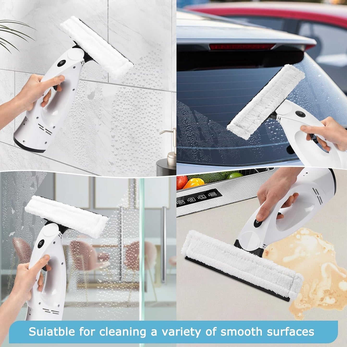 Window Vacuum, Window Vacuum Squeegee, 3 in 1 Cordless Window Vac with Spray/Wipe/Suck up Water,Electric Window Cleaning Tool for Shower Wall Mirror Glass/Car Windshield/Countertop- White