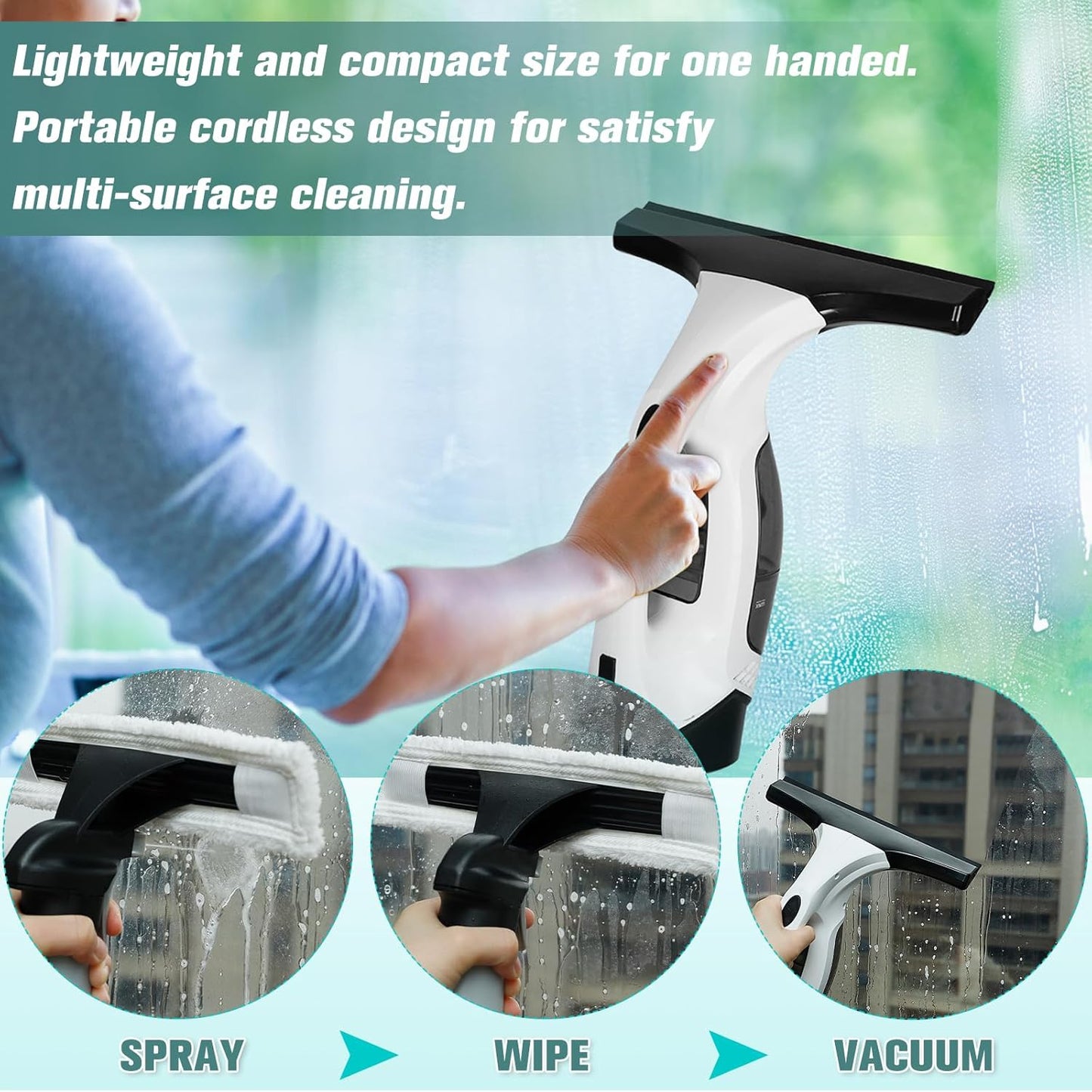 Window Vacuum Squeegee Cordless, Rechargeable Window Vac with Spray/Squeegee/Vacuum, Electric Cleaning Tool for Windows, Tiles, Mirror, Countertop, Car Windshield, Glass, Shower Wall