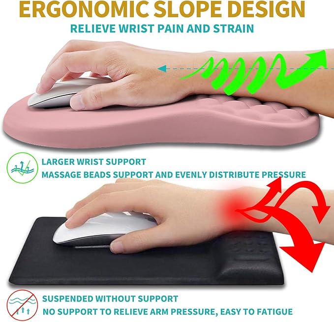 Hokafenle 2 in 1 Ergonomic Mouse Pad Wrist Support & Wrist Rest for Computer Keyboard Set, with Relieve Carpal Tunnel Pain Massage Bulge and Full Memory Gel Design (2In1 Set, Pink)