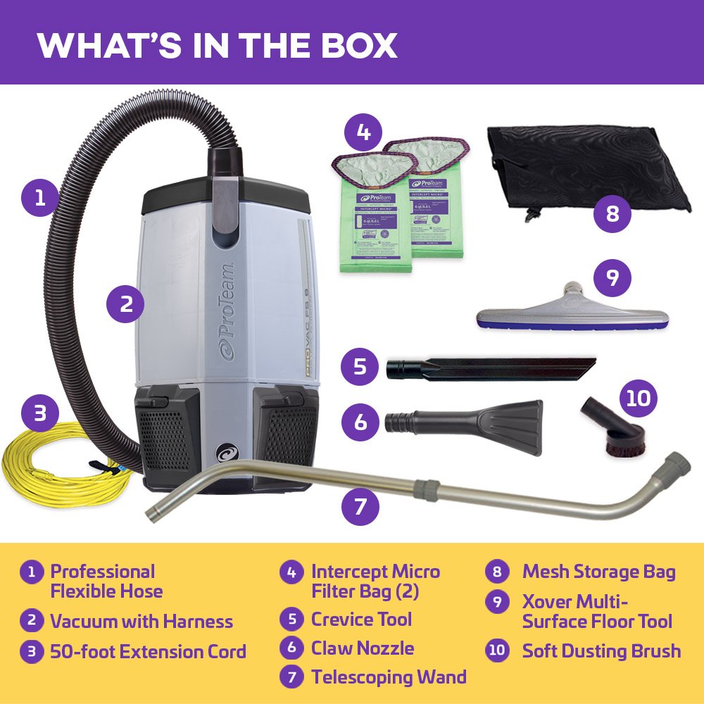 ProTeam Vacuum Backpack, ProVac FS 6 Commercial Backpack Vacuum Cleaner with HEPA Media Filtration and Small Business Kit, 6 Quart, Corded