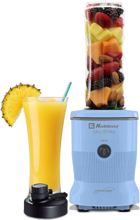 Koblenz Mix&Shake Blender, 20 oz Portable Blender, 600W Motor, Pulse, ON/OFF Functions, Stainless Steel Blades, Shakes, Sauces, Smoothie Maker, (1) 20 oz To-Go Bottle, Blue, MSKM-600 A