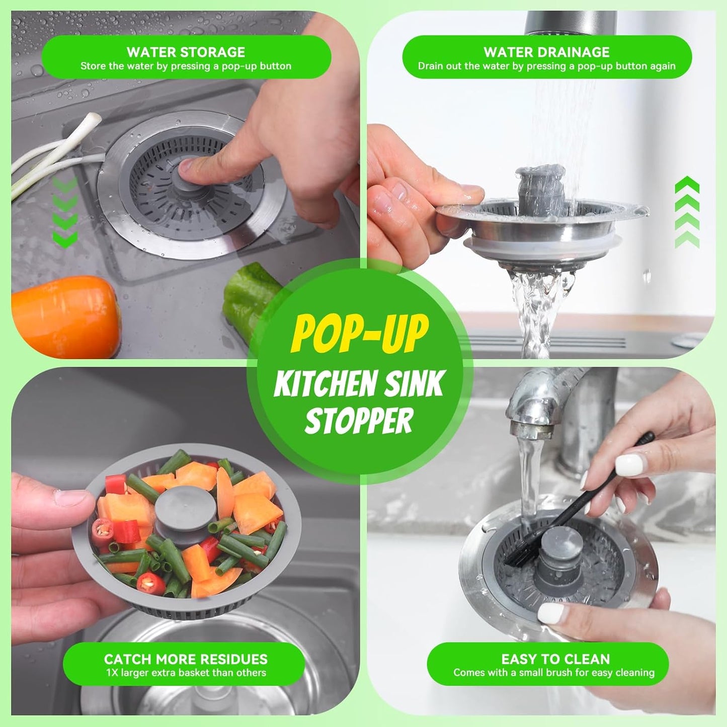 Kitchen Sink Drain Strainer with Pop-up Sink Stopper, 3 in 1 Sink Drain Strainer Basket with Cleaning Brush for US Standard 3-1/2 Inch Drain