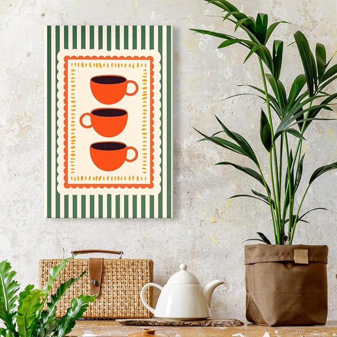 Vintage Orange Italian Espresso Coffee Cups Canvas Prints Posters Modern Green Striped Preppy Kitchen Wall Art Retro Colorful Minimalist Drink Aesthetic Pictures Decor for Cafe Bar 12x16inch Framed