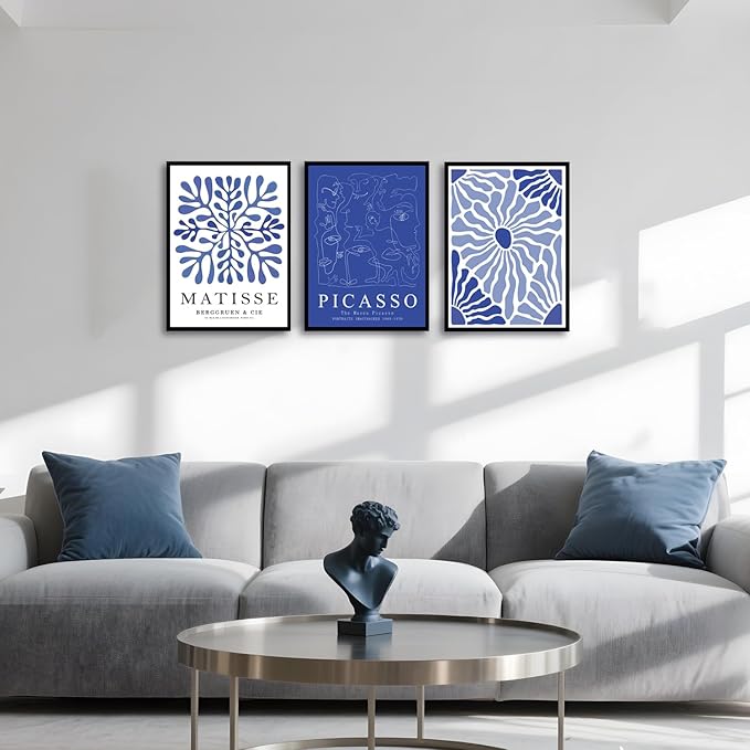 Blue Matisse Canvas Wall Art Poster Set of 3, Picasso Abstract Line Wall Decor Paintings Prints, Modern Minimalist Pictures Aesthetic Home Decor for Living Room Bedroom Office 16x24 inch Unframed