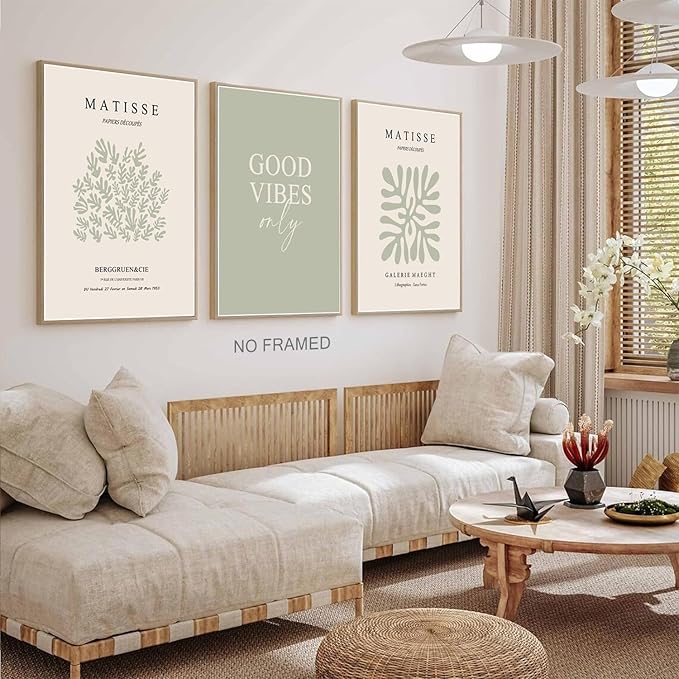 Hwetui Matisse Wall Art Set of 3 Sage Green Abstract Poster Canvas Prints Neutral Plant Leaves Painting Pictures Good Vibes Aesthetic Home Decor for Living Room Bedroom Bathroom 12''x16''Unframed
