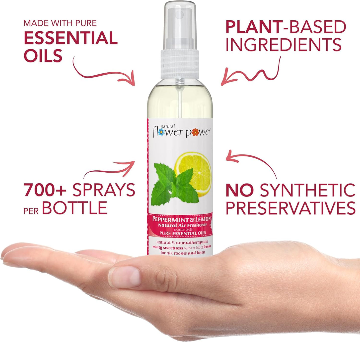 Natural Flower Power Air Freshener Spray - Odor Eliminator with Essential Oils for the Home, Car & Fabric - Cruelty Free & Vegan - Peppermint & Lemon - 2 x 4 oz