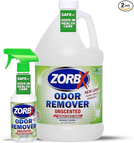 ZORBX Unscented Odor Eliminator for Strong Odor 16 Oz + 128 Oz - Used in Hospitals & Healthcare Facilities - Advanced Trusted Formula, Fast-Acting Odor Remover Spray for Dog, Cat, House & Carpet